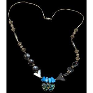Vintage Handmade Romantic Heart Hematite Turquoise Liquid Silver And Mother Of P